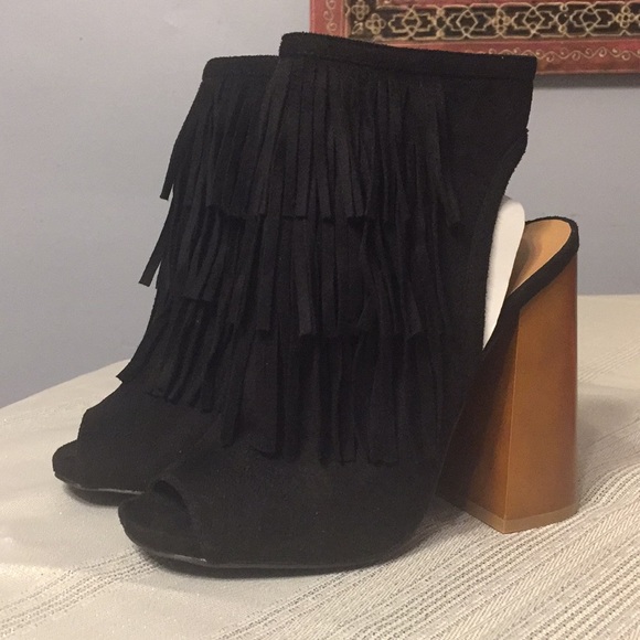 Like-New Black Fringe & Wood Heels - Picture 1 of 6